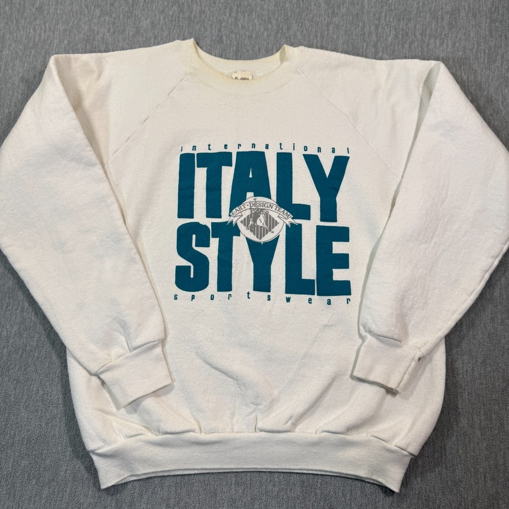 Tultex Sweatshirt Mens XL White Italy Style Graphic Raglan Sleeve 80s 90s Vintag